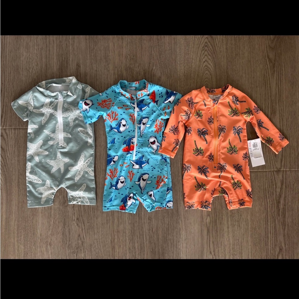 Set of 3 Baby Rash Guard Swimsuits for 3-6mth - Starfish, Sharks, Palm Print